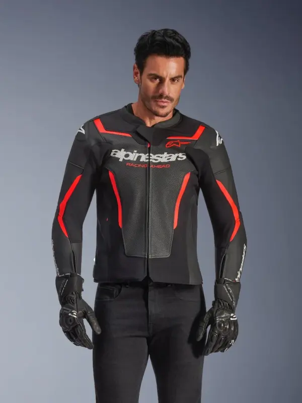 מעיל עור אלפינסטארס Alpinestars GP Force V2 Airflow בצבע שחור אדום פלואורסצנטי