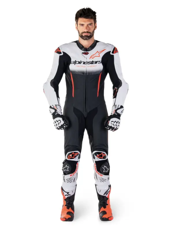 חליפת עור חלק אחד אלפינסטארס Alpinestars GP-R7 1PC בצבע לבן שחור אדום פלואורסצנטי