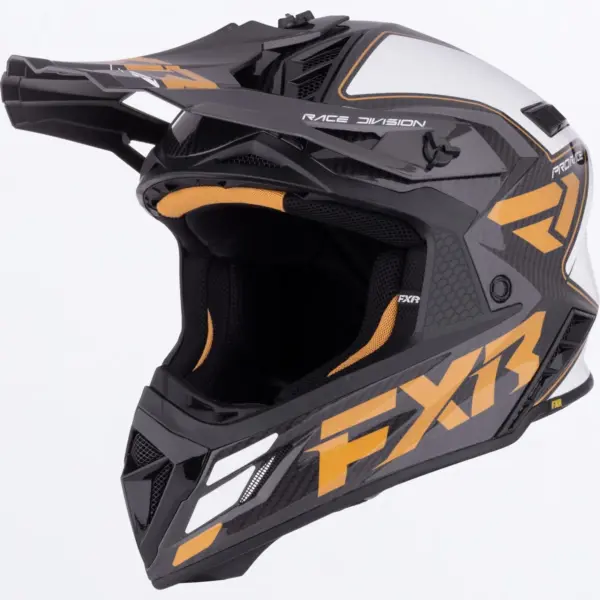 קסדת שטח FXR Helium Carbon MX בצבעי קרבון שחור, זהב ולבן