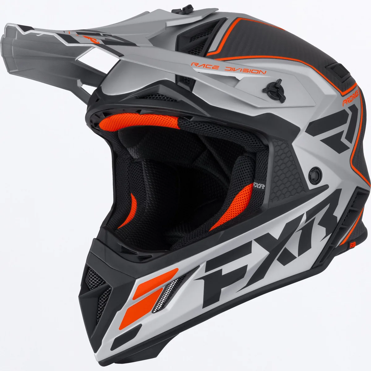 קסדת שטח FXR Helium Carbon MX בצבעי קרבון שחור, כסוף וכתום קסדת שטח FXR Helium Carbon MX בצבעי קרבון שחור, כסוף וכתום