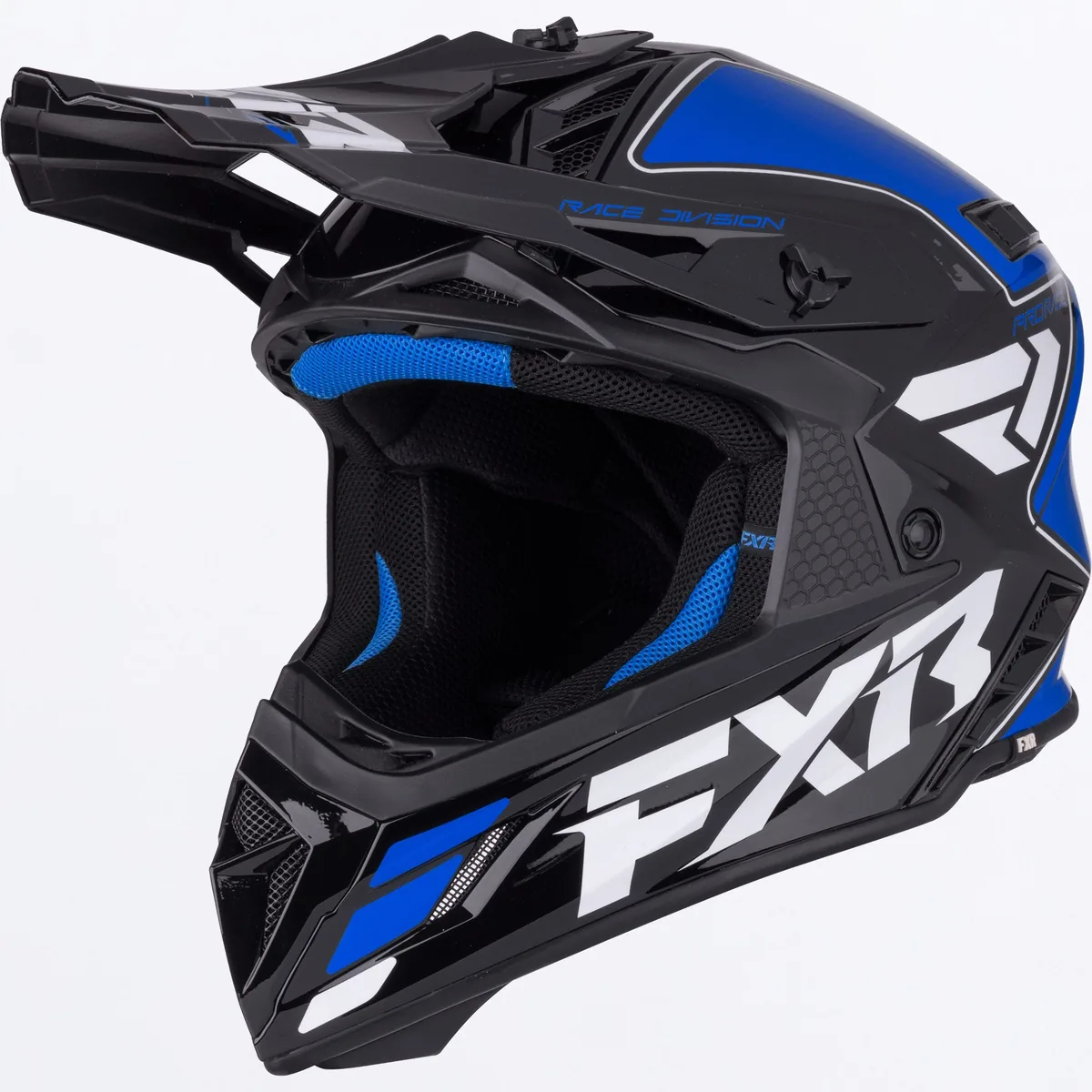 קסדת שטח FXR Helium MX בצבעי שחור, כחול ולבן קסדת שטח FXR Helium MX בצבעי שחור, כחול ולבן