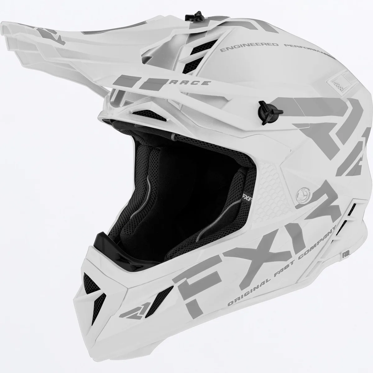 קסדת שטח FXR Helium Prime בצבע לבן עם גרפיקה אפורה קסדת שטח FXR Helium Prime בצבע לבן עם גרפיקה אפורה