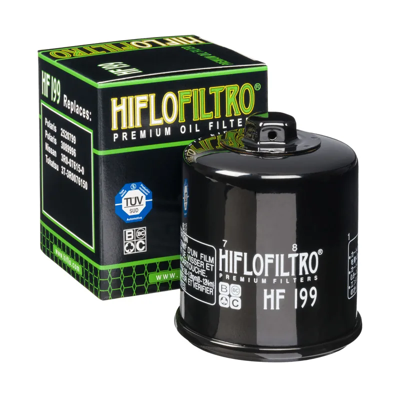 מסנן שמן HIFLOFILTRO HF199 ליד האריזה מסנן שמן HiFlo HF199 – ל-Polaris ו-Indian Scout