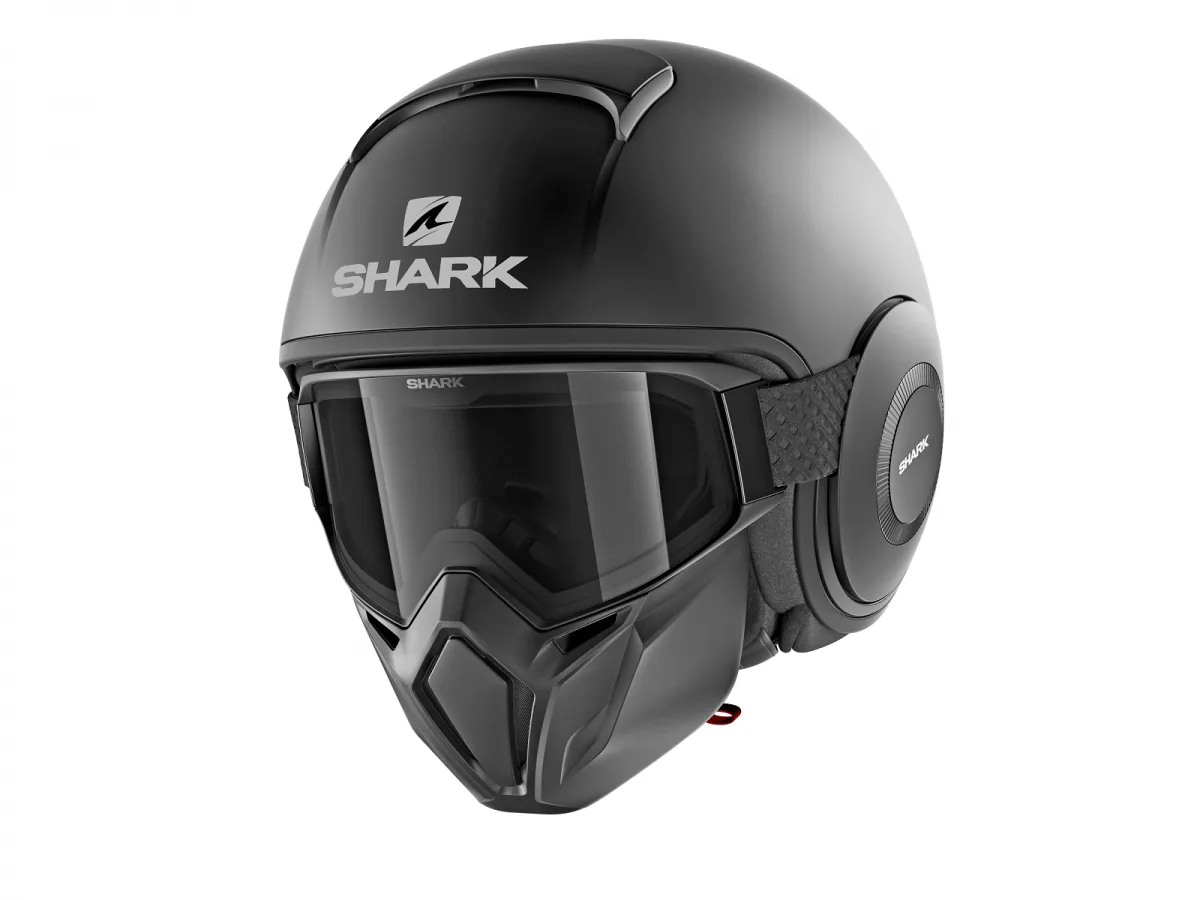 קסדה פתוחה SHARK Street Drak בצבע שחור מט עם מסכה ומשקפיים קסדה פתוחה SHARK Street Drak בצבע שחור מט עם מסכה ומשקפיים