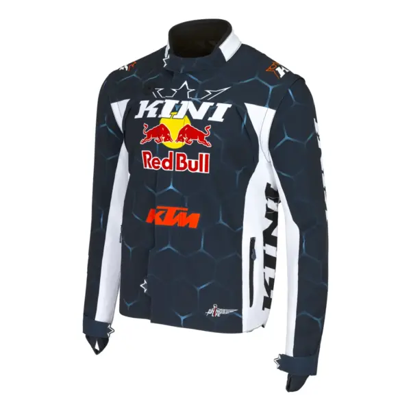 מעיל רכיבת שטח KINI Red Bull Competition בצבע כחול כהה ולבן, מבט מלפנים