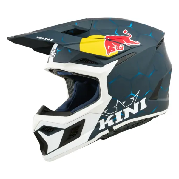 קסדת שטח KINI Red Bull MX3 1.0 בצבע כחול ולבן, מבט אלכסוני מצד שמאל