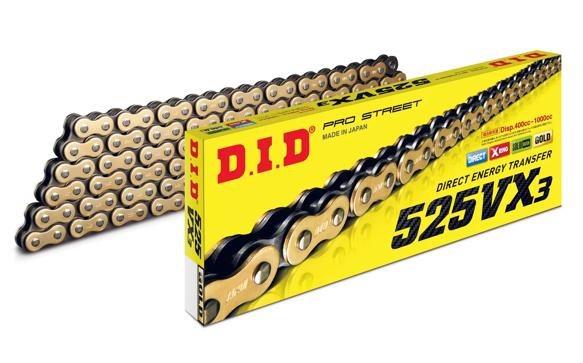 שרשרת הנעה D.I.D 525VX3 בצבע זהב עם האריזה שרשרת הנעה D.I.D 525VX3 בצבע זהב עם האריזה