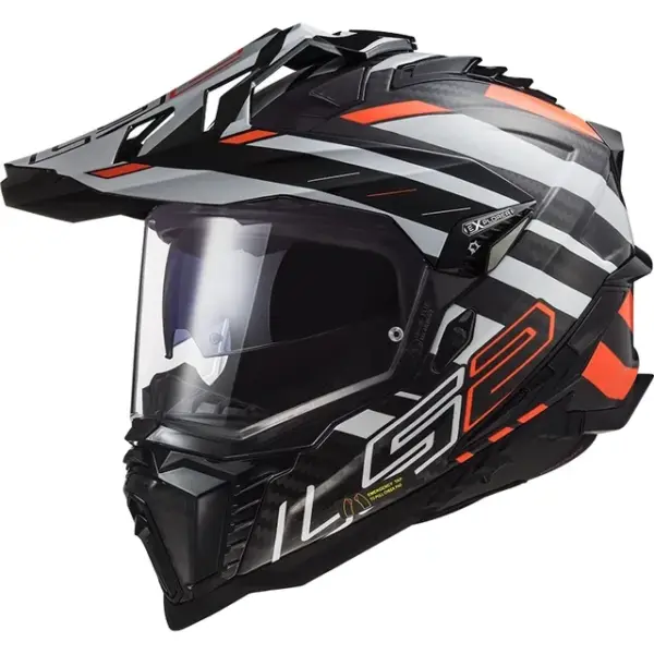 קסדת אדוונצ'ר קרבון אל אס 2 LS2 Explorer Carbon בצבע קרבון עם גרפיקה שחור-כתום-לבן